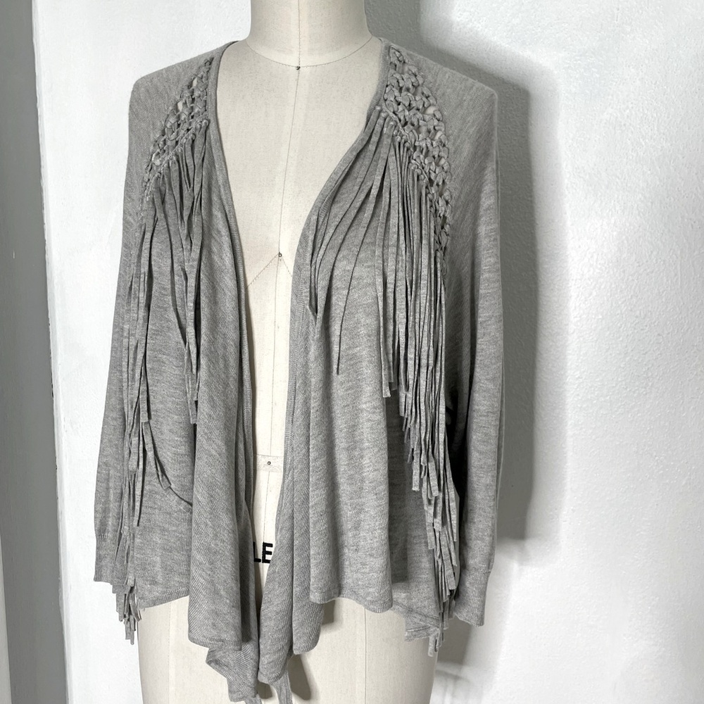 Rebecca Taylor Heather Gray Fringed Spaghetti Cardigan. Size S